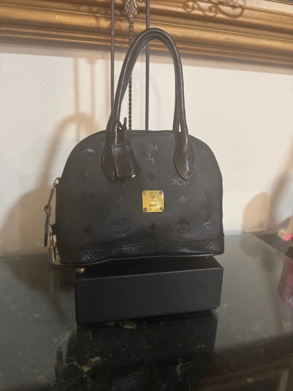 Authentic MCM Visetos Mini Tote handbag with padlock and keys